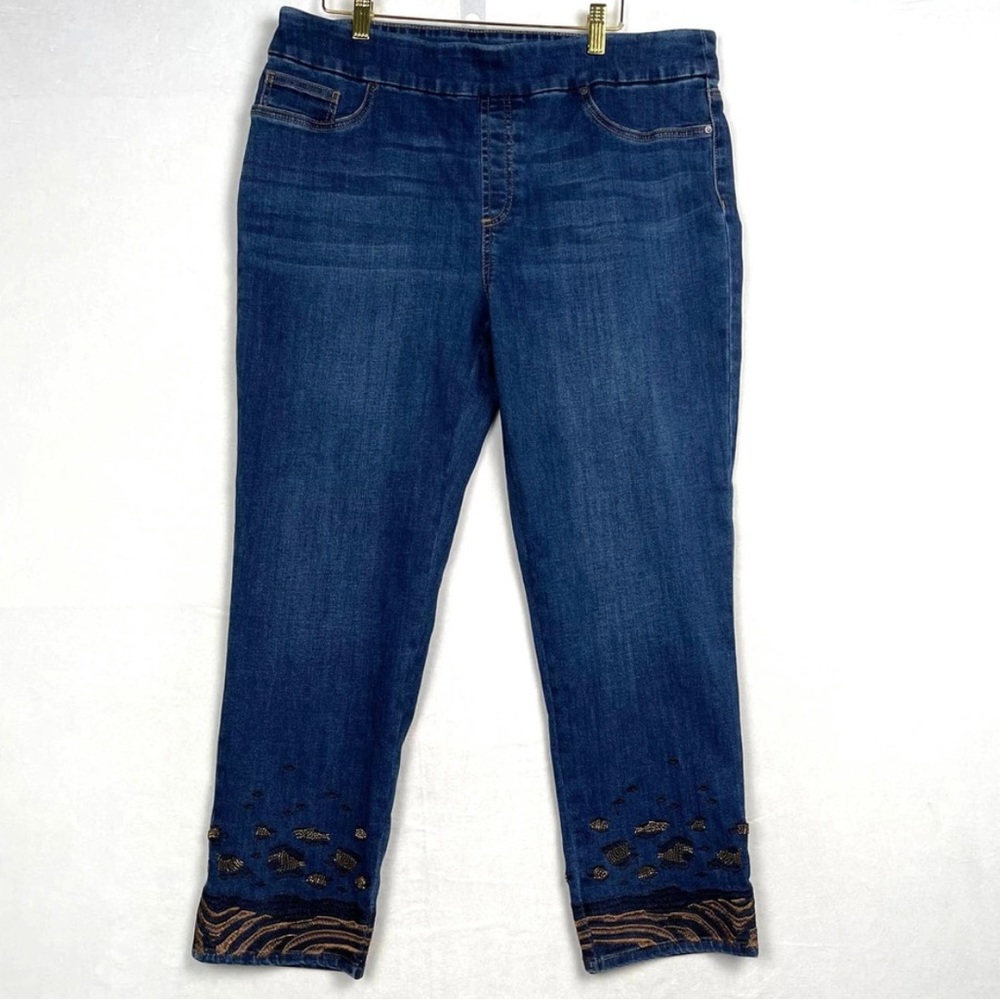 CHICO’S JACKSON INDIGO ANIMAL BEAD HEM PULL ON ANKLE JEGGINS.SIZE 14R